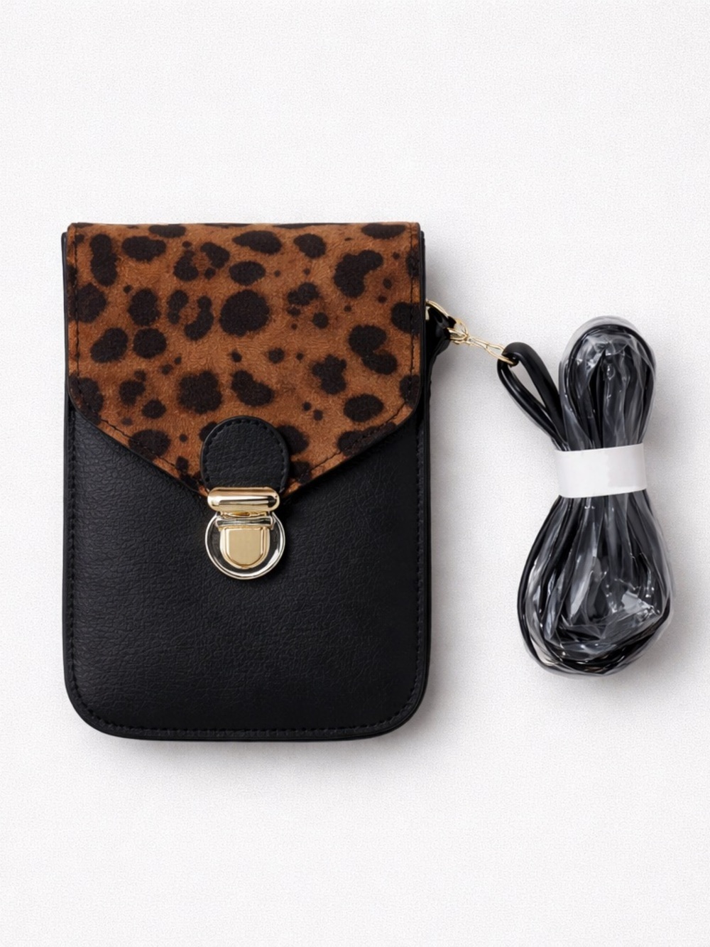 Leopard Flap Black Crossbody Phone Pouch
